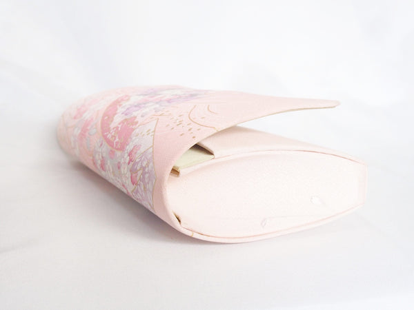 Pastel pink Japanese clutch bag with peony and sakura pattern