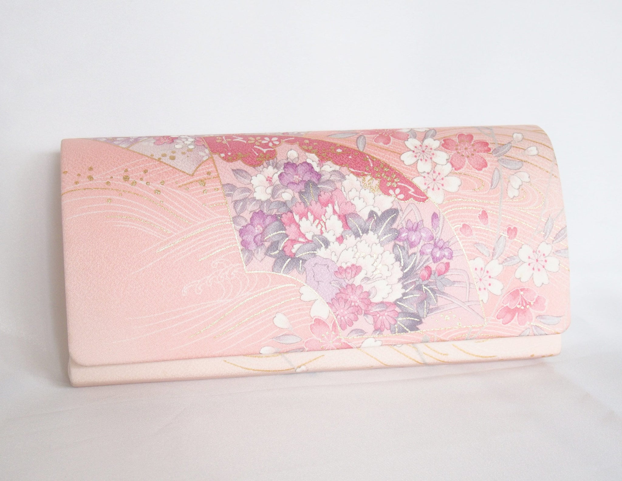 Pastel pink Japanese clutch bag with peony and sakura pattern
