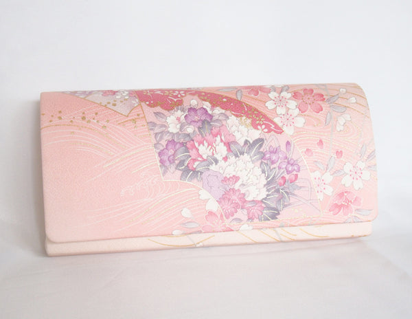 Pastel pink Japanese clutch bag with peony and sakura pattern