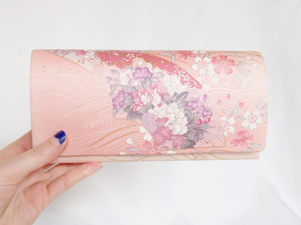 Pastel pink Japanese clutch bag with peony and sakura pattern