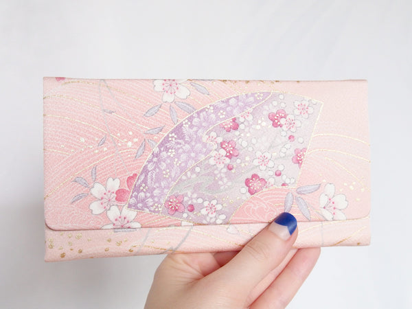 Pastel pink Japanese clutch bag with peony and sakura pattern