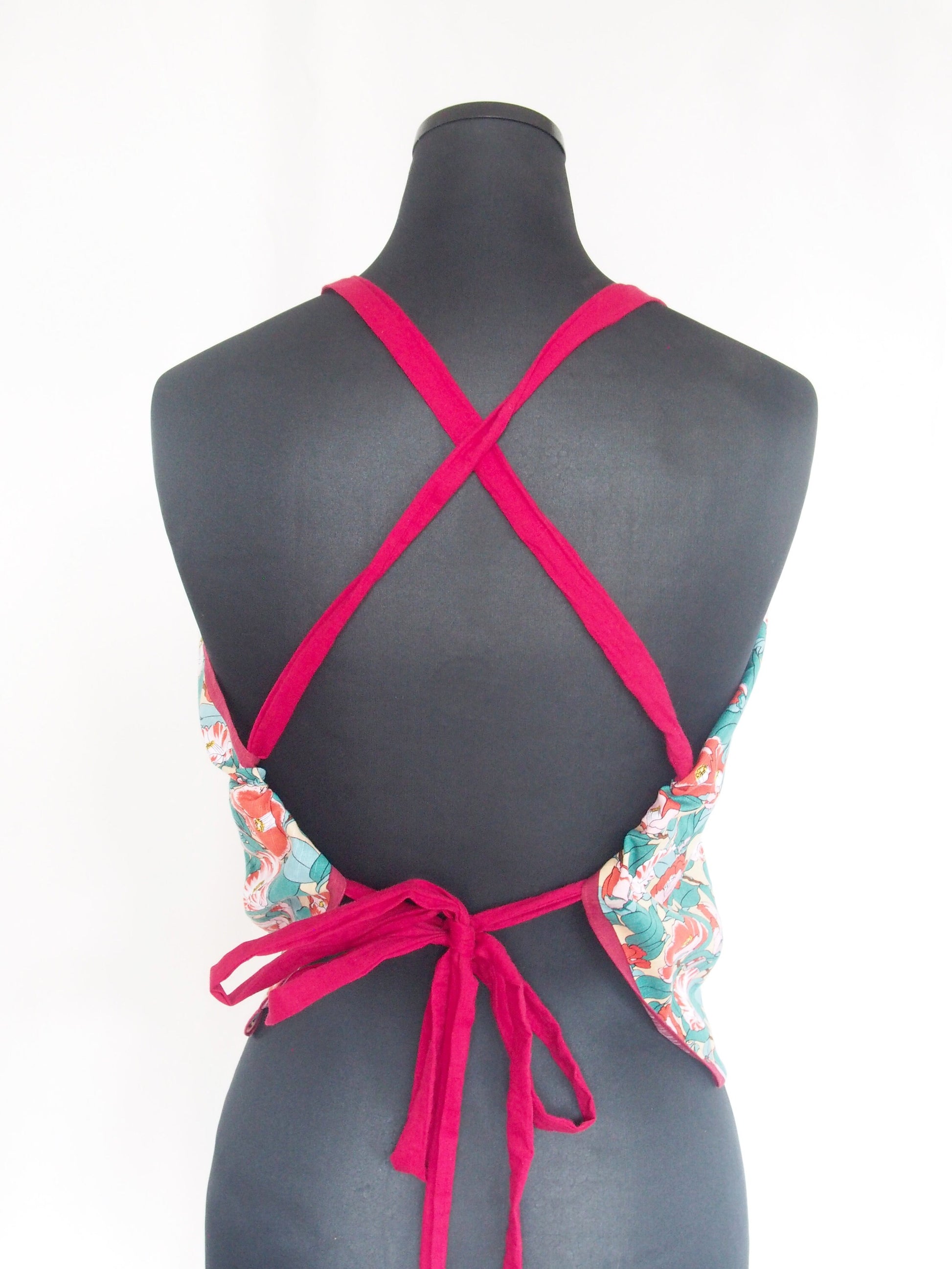 Handmade Japanese furoshiki remake- cotton backless top "red camellias"