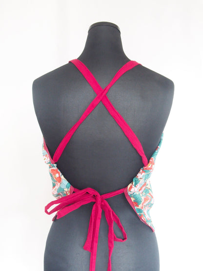 Handmade Japanese furoshiki remake- cotton backless top "red camellias"