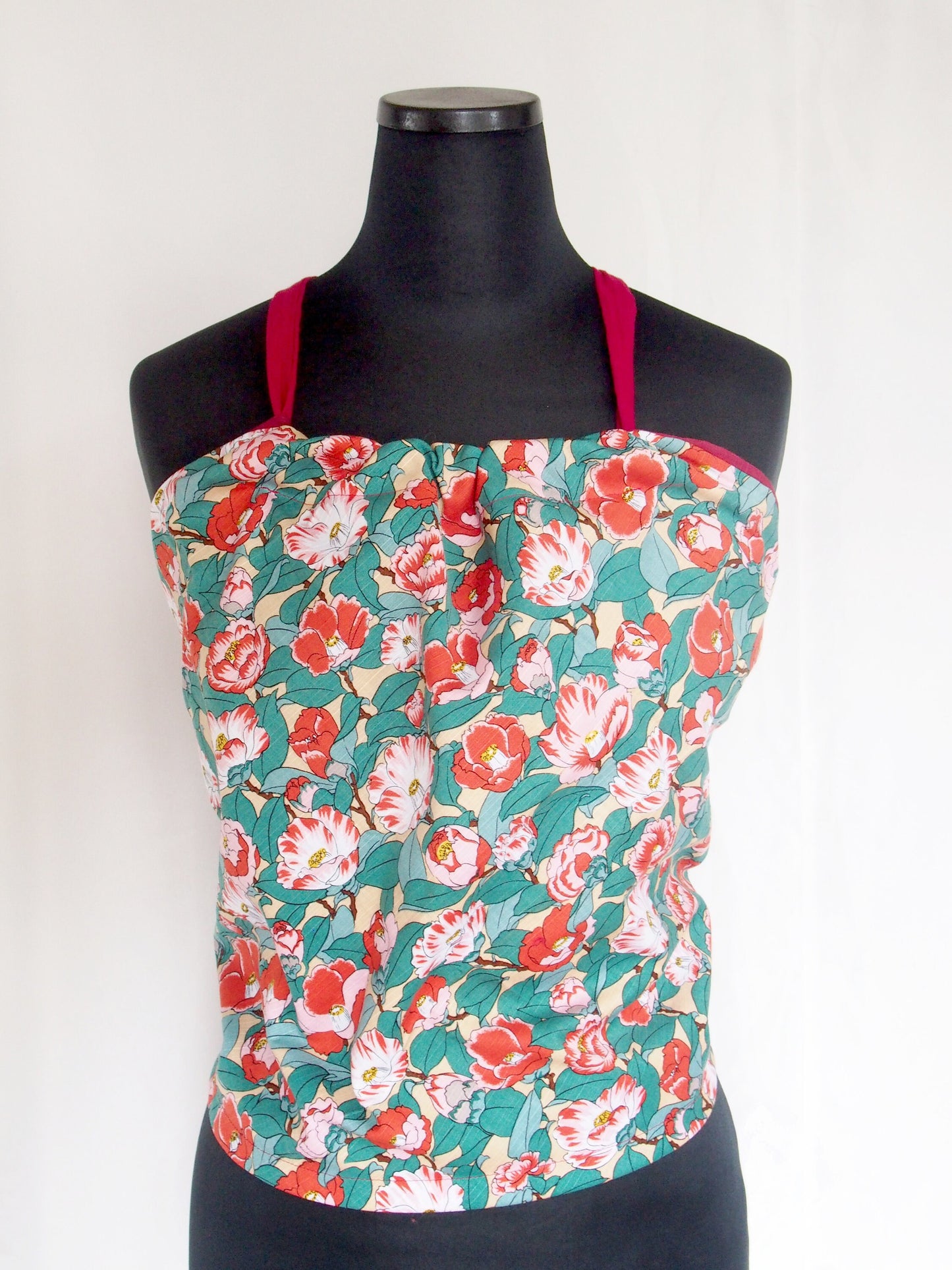Handmade Japanese furoshiki remake- cotton backless top "red camellias"
