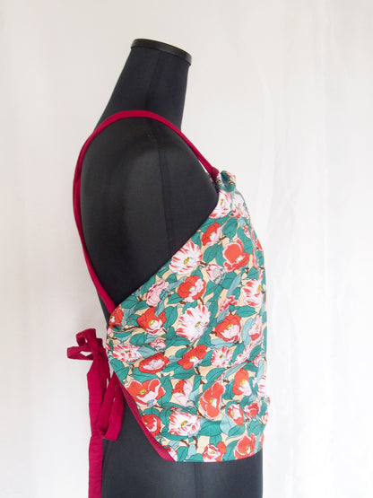 Handmade Japanese furoshiki remake- cotton backless top "red camellias"
