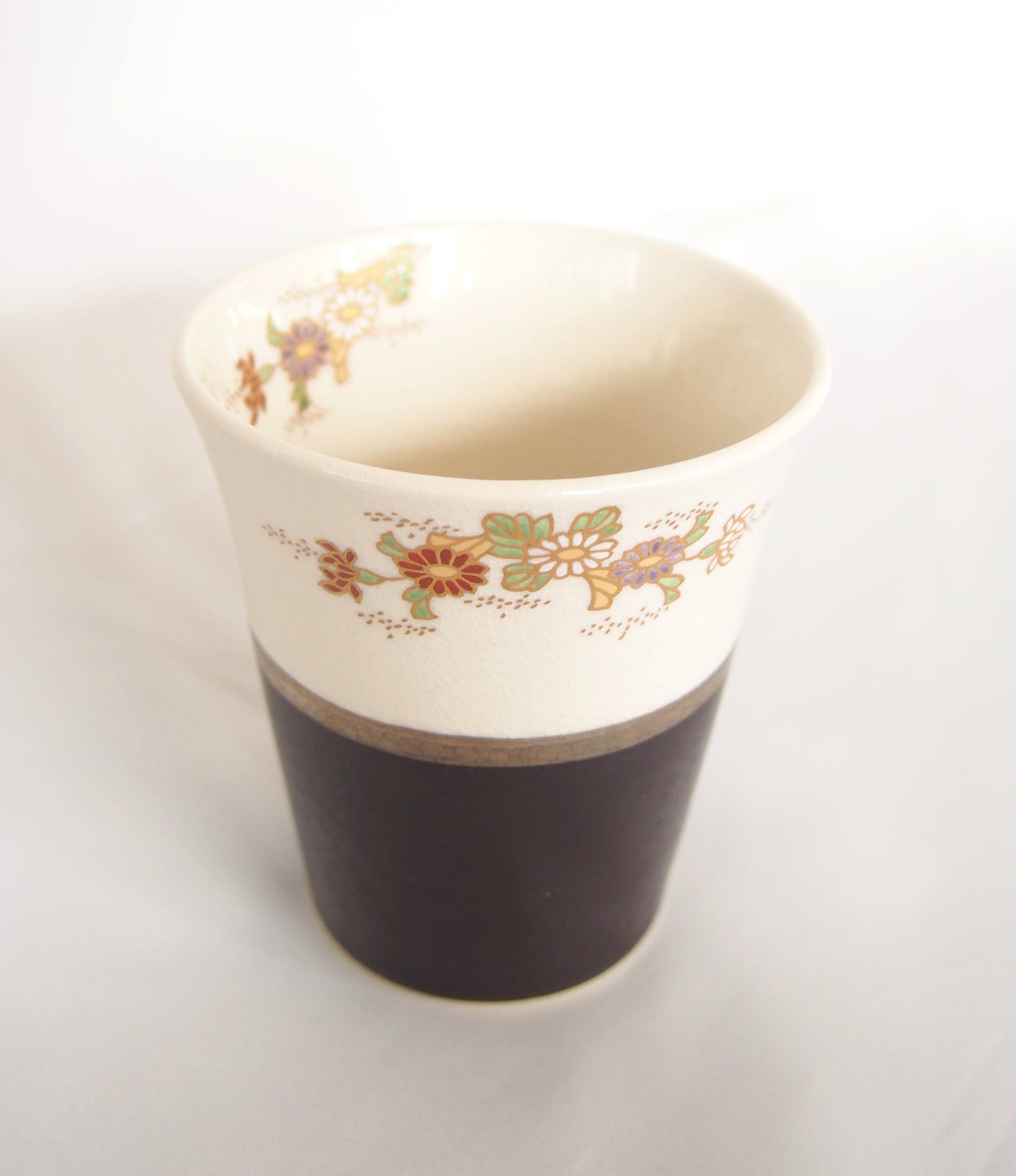 White Satsuma yaki cup - handmade gold and glass enameled tumbler (white and brown)