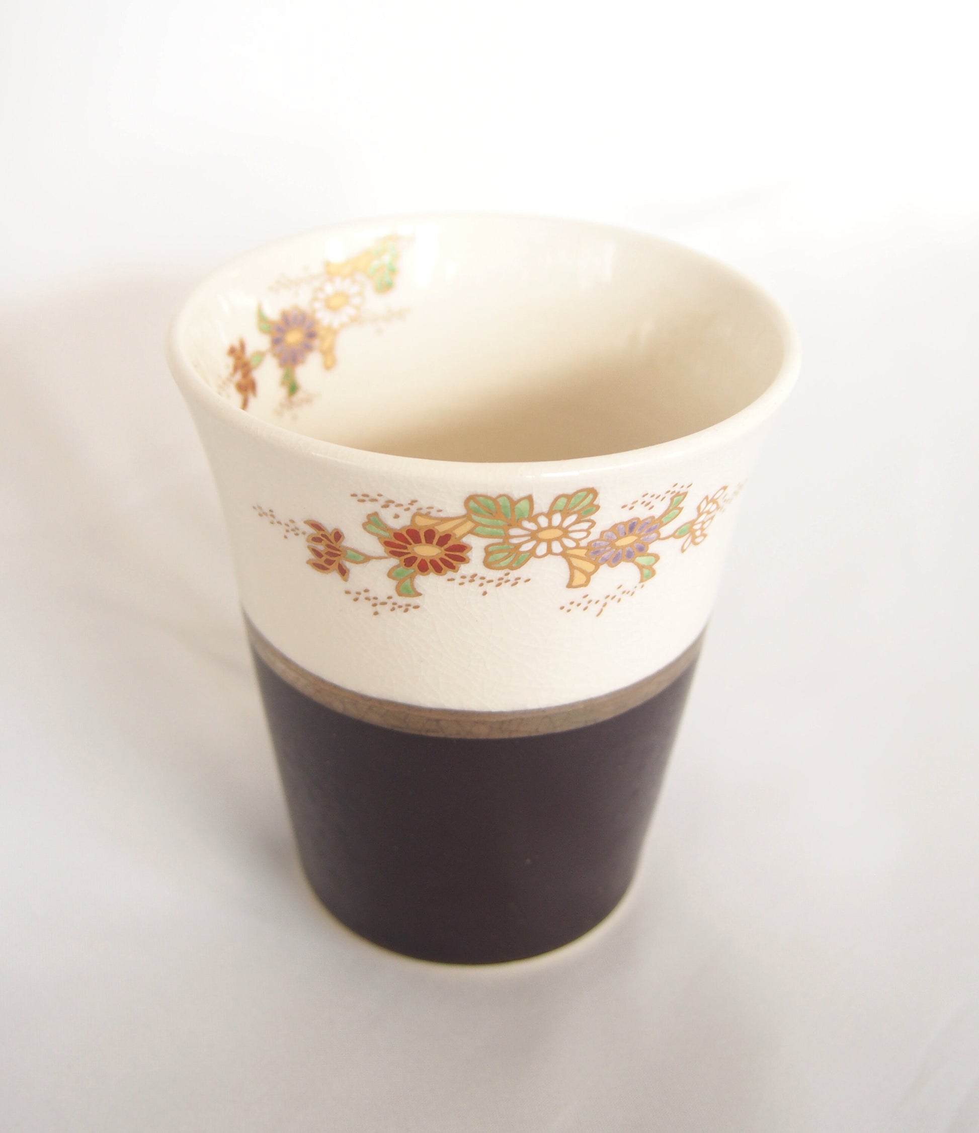White Satsuma yaki cup - handmade gold and glass enameled tumbler (white and brown)