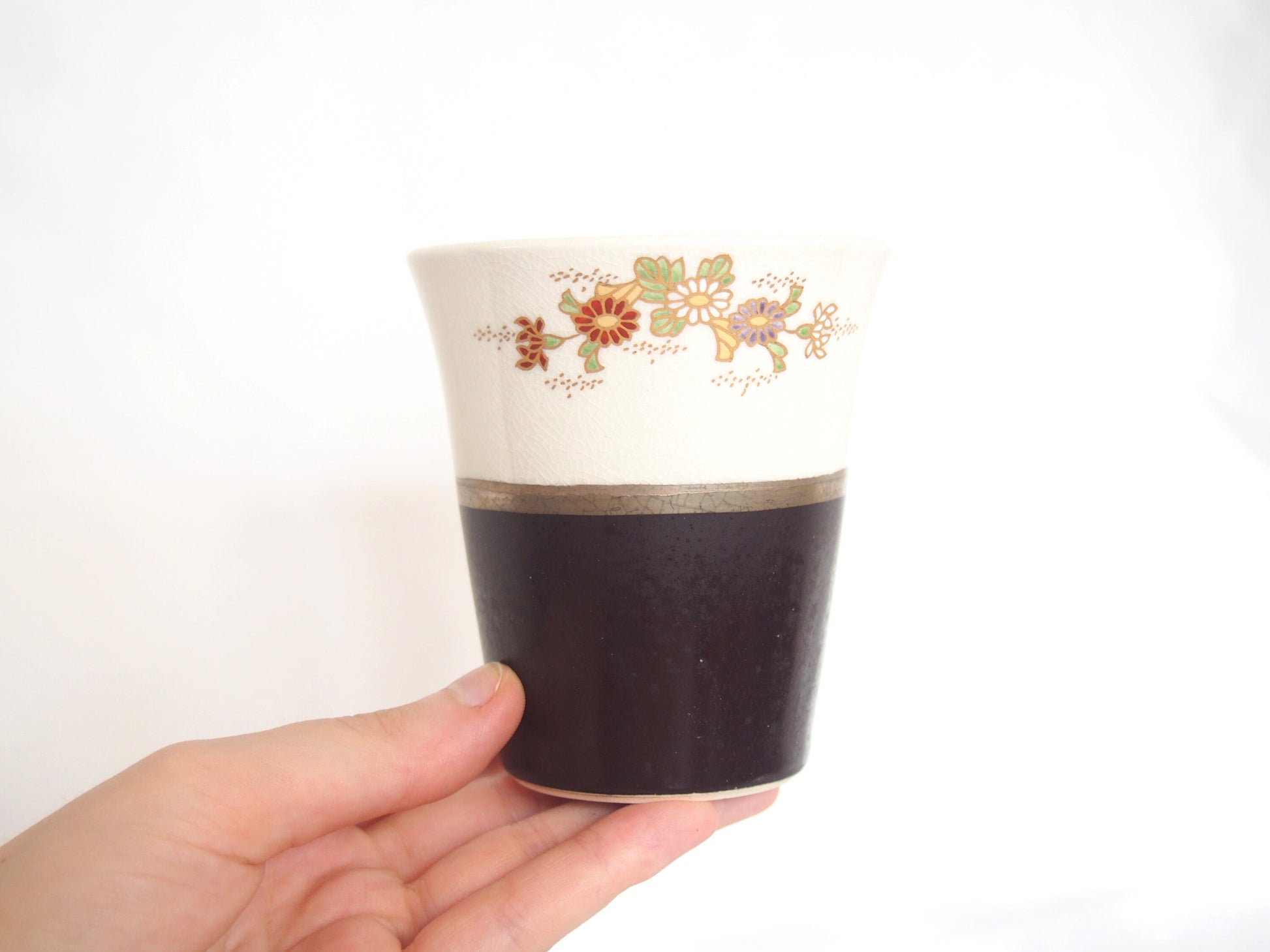 White Satsuma yaki cup - handmade gold and glass enameled tumbler (white and brown)