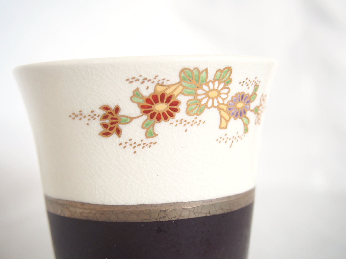 White Satsuma yaki cup - handmade gold and glass enameled tumbler (white and brown)