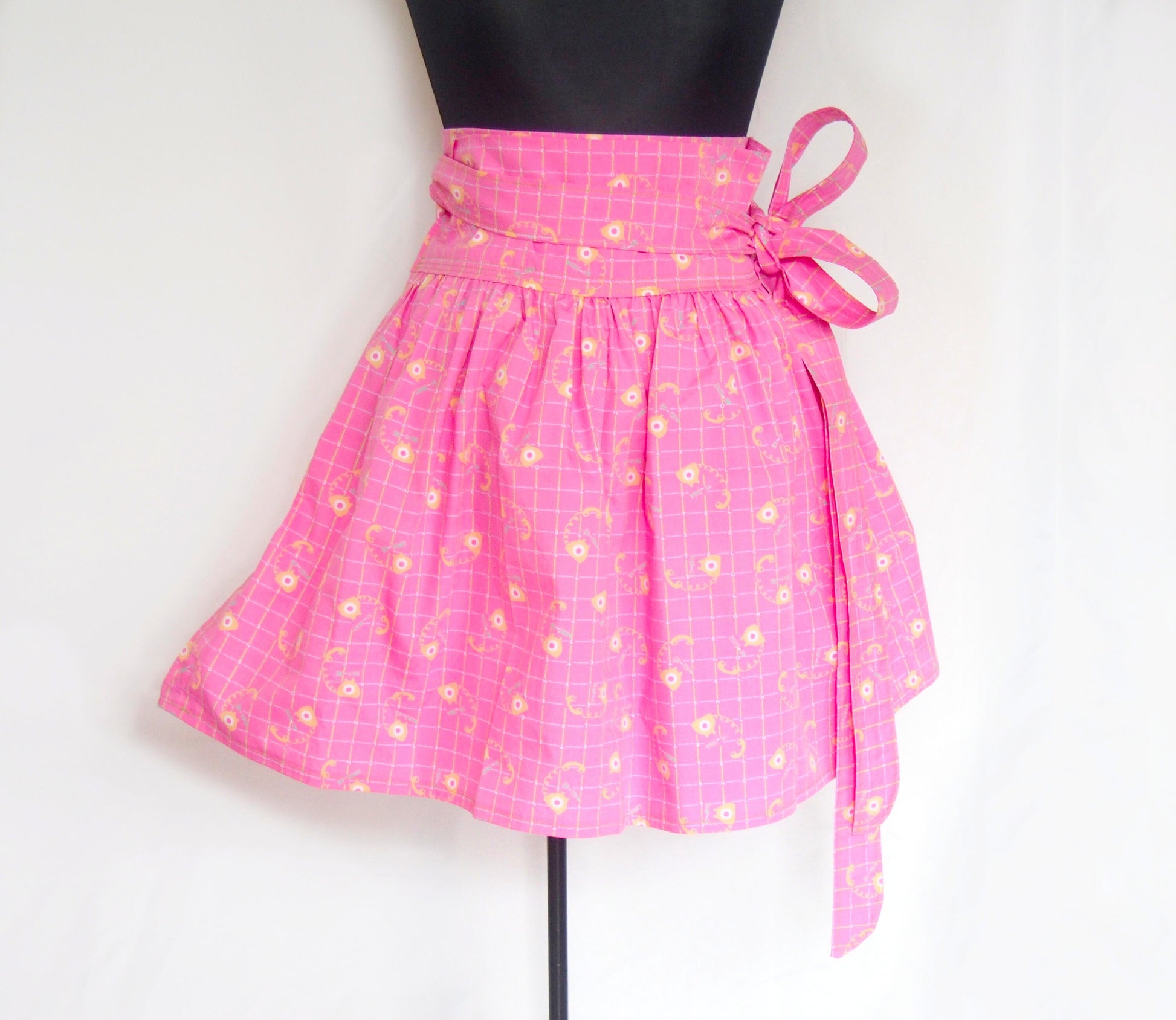 Pink telephone - handmade mini cotton wrap skirt with pockets