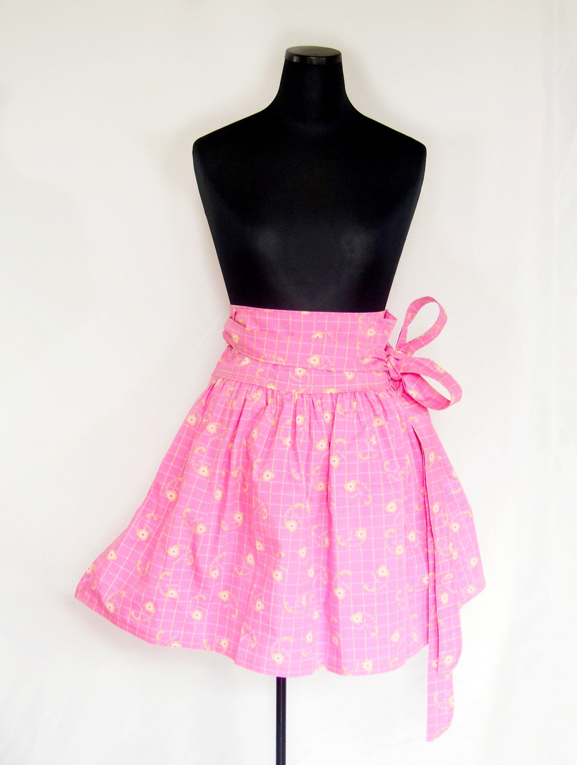 Pink telephone - handmade mini cotton wrap skirt with pockets
