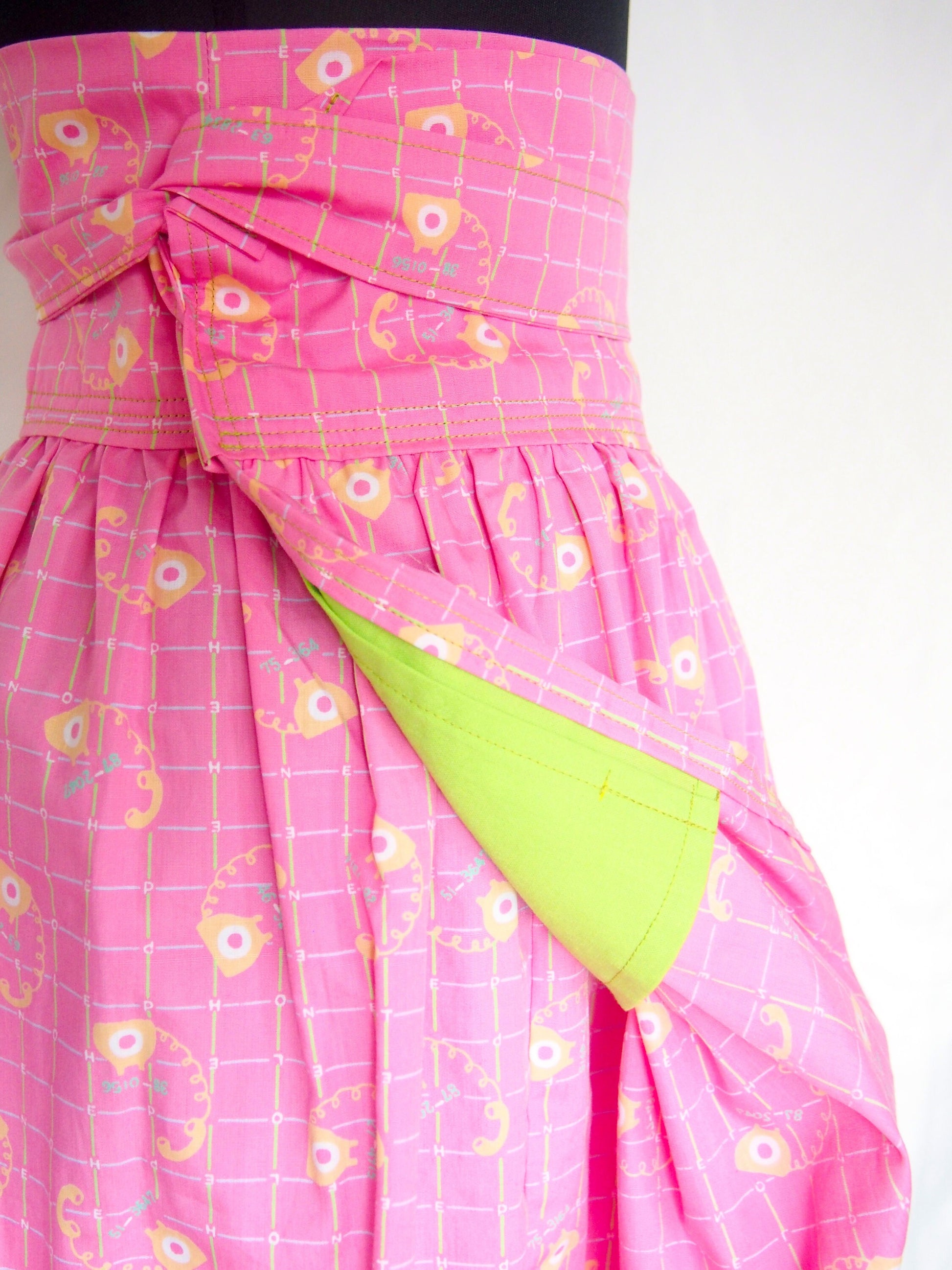 Pink telephone - handmade mini cotton wrap skirt with pockets