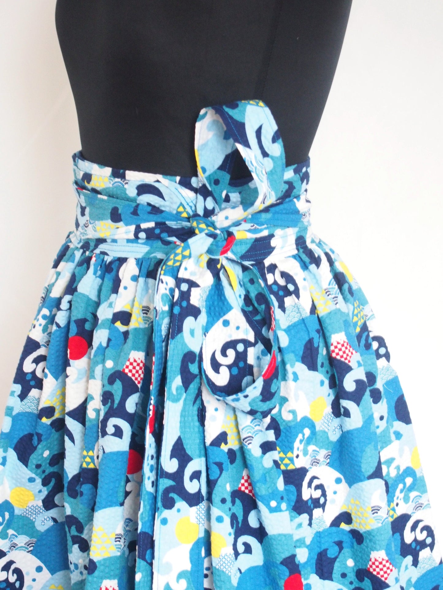 Mount Fuji and great waves - handmade midi wrap cotton crepe skirt with pockets