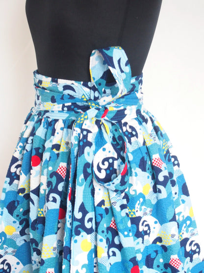 Mount Fuji and great waves - handmade midi wrap cotton crepe skirt with pockets