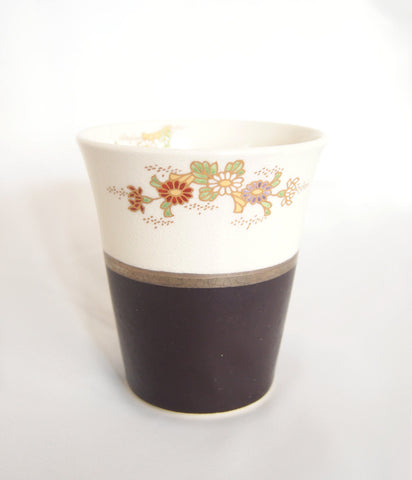 White Satsuma yaki cup - handmade gold and glass enameled tumbler (white and brown)