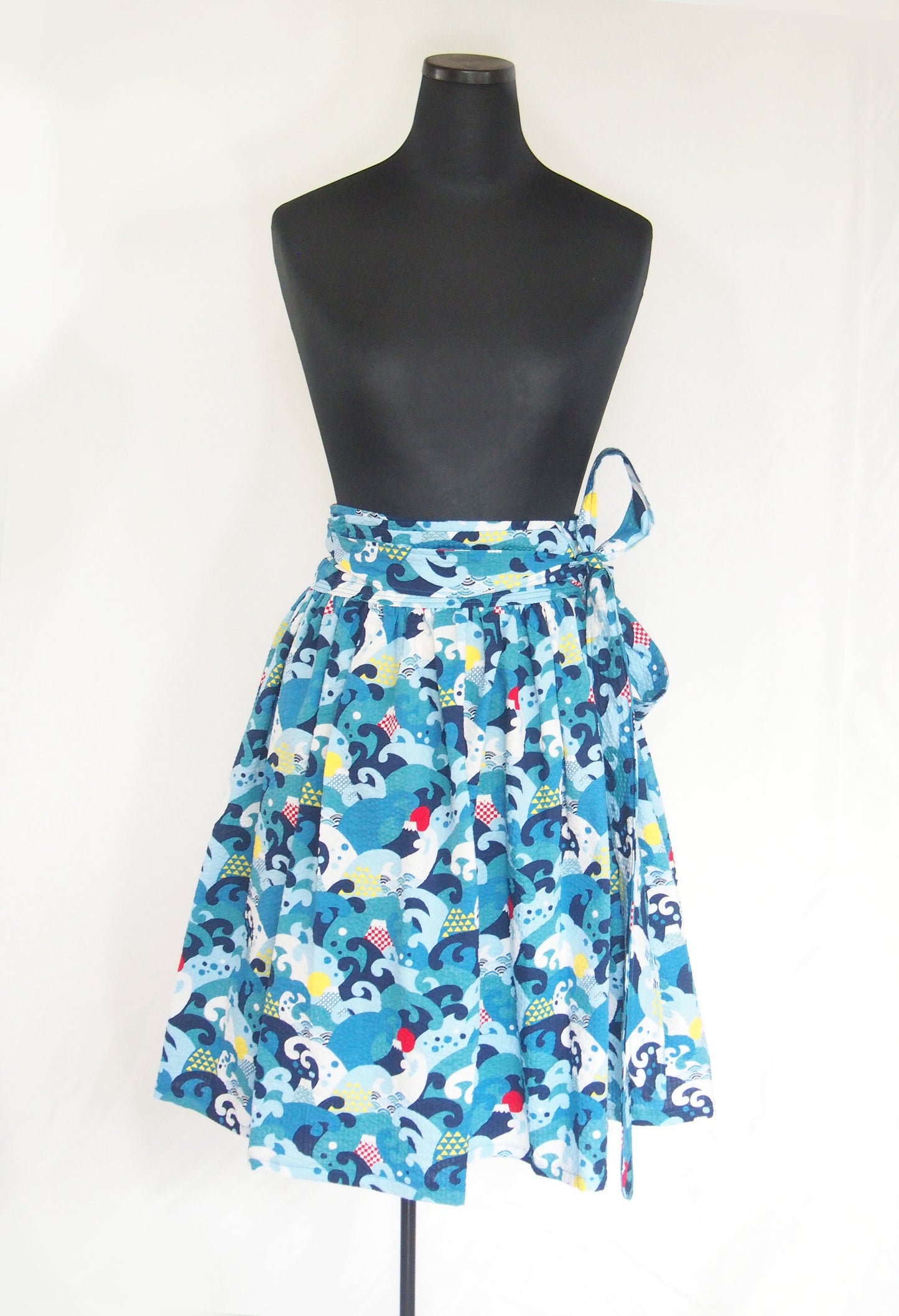 Mount Fuji and great waves - handmade midi wrap cotton crepe skirt with pockets