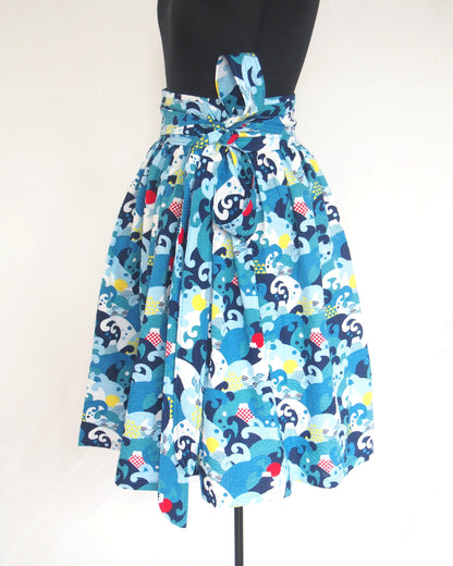 Mount Fuji and great waves - handmade midi wrap cotton crepe skirt with pockets