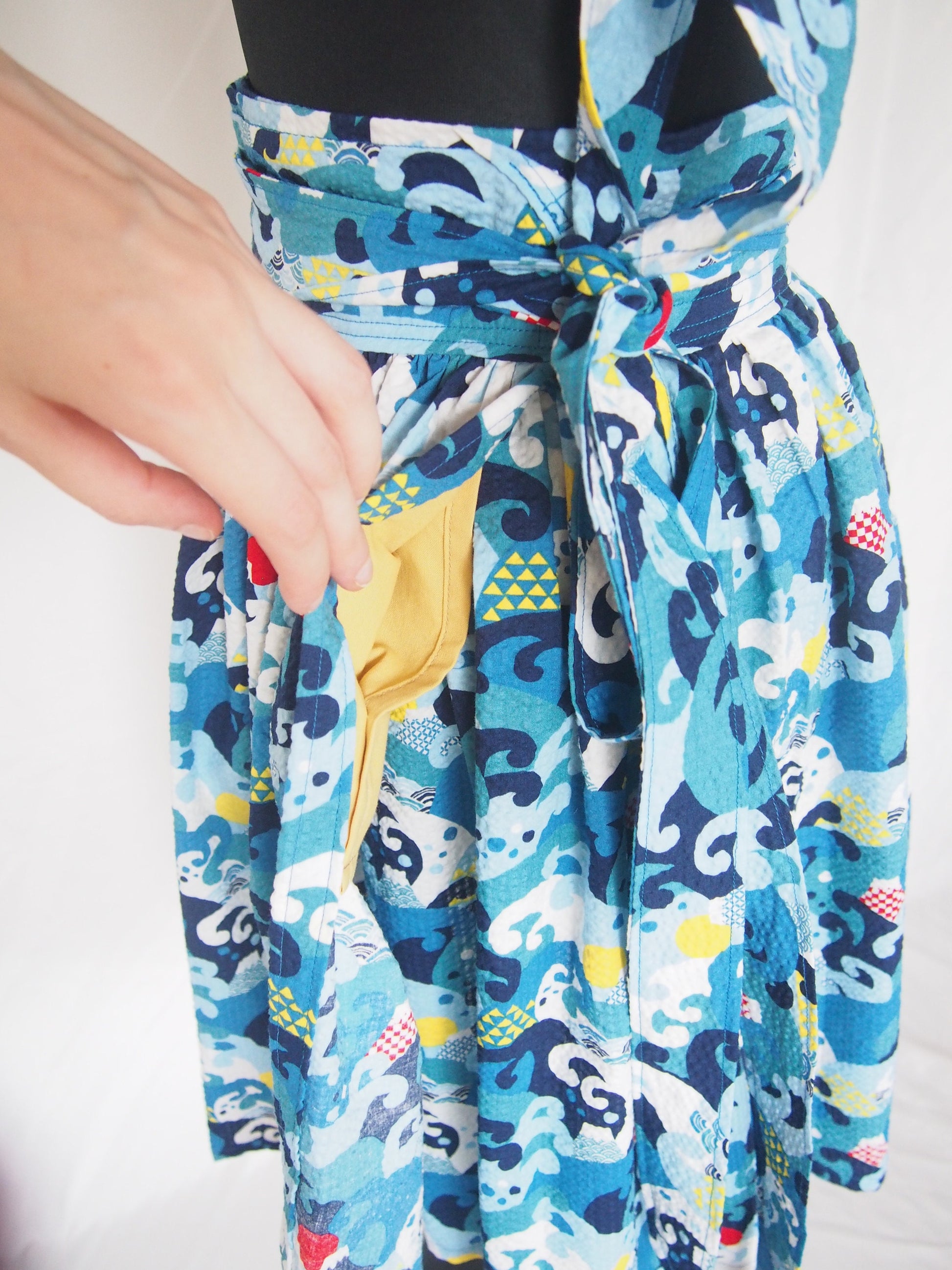 Mount Fuji and great waves - handmade midi wrap cotton crepe skirt with pockets