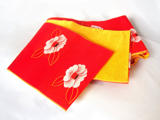 Cute hanhaba obi - red and white camellias and yellow stars