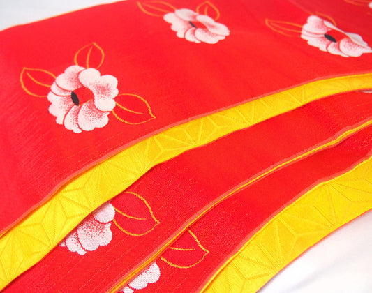 Cute hanhaba obi - red and white camellias and yellow stars