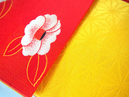 Cute hanhaba obi - red and white camellias and yellow stars