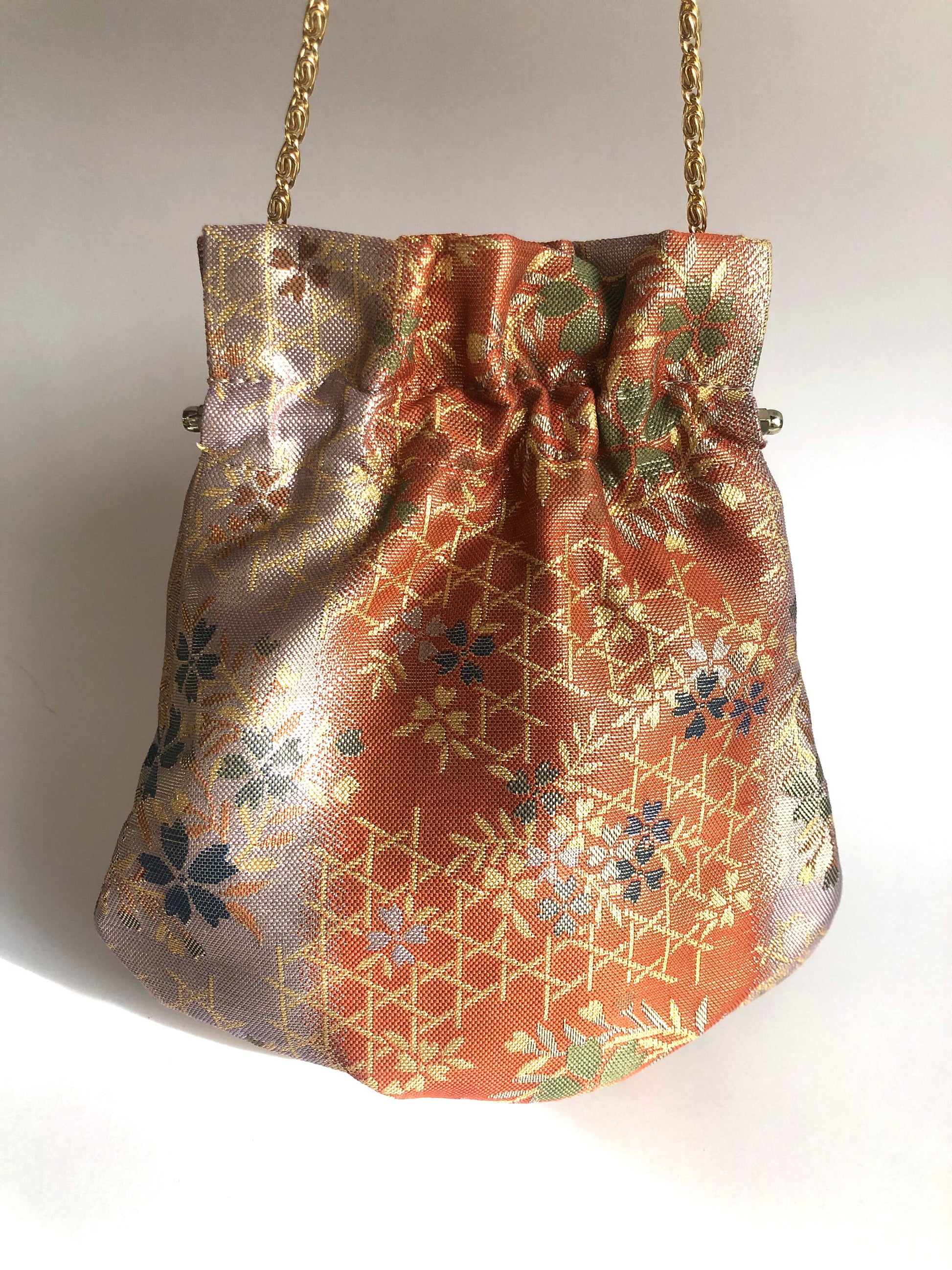 Vintage kimono handbag - orange and gold clasp pouch