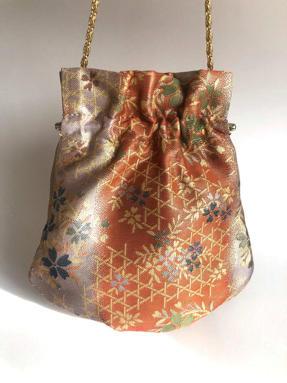 Vintage kimono handbag - orange and gold clasp pouch