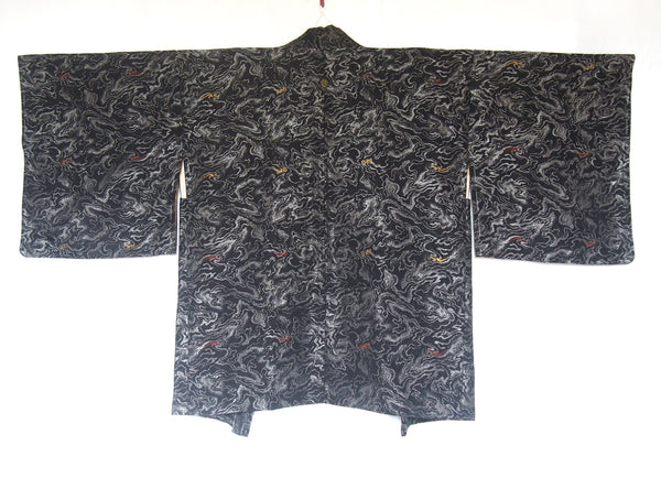 Festive Japanese kimono coat haori with a family crest - metallic smoke clouds