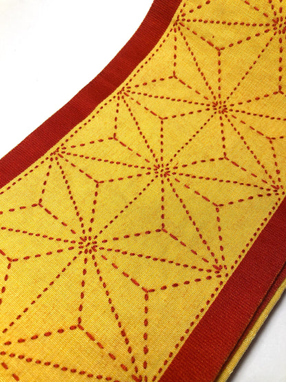 Vintage Japanese hanhaba obi - yellow and red star cotton sashiko