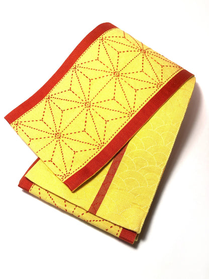 Vintage Japanese hanhaba obi - yellow and red star cotton sashiko