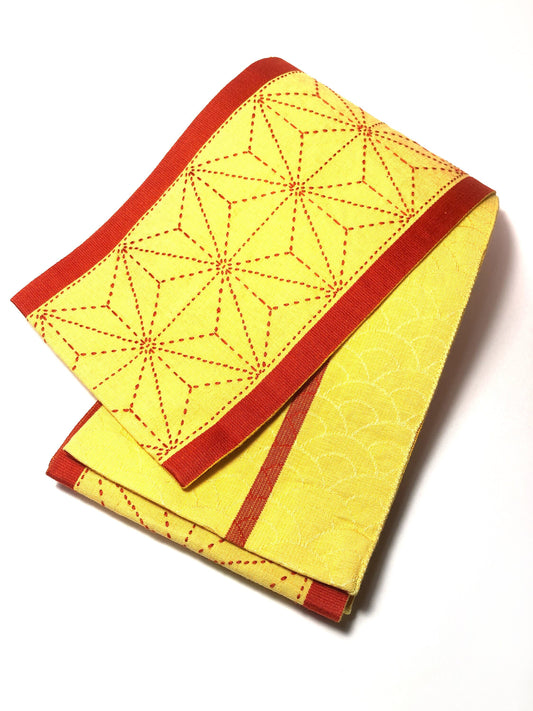 Vintage Japanese hanhaba obi - yellow and red star cotton sashiko