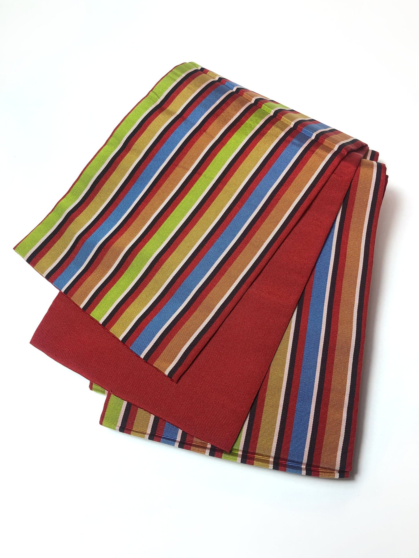 Simple Japanese silk hanhaba obi - deep red with colorful stripes