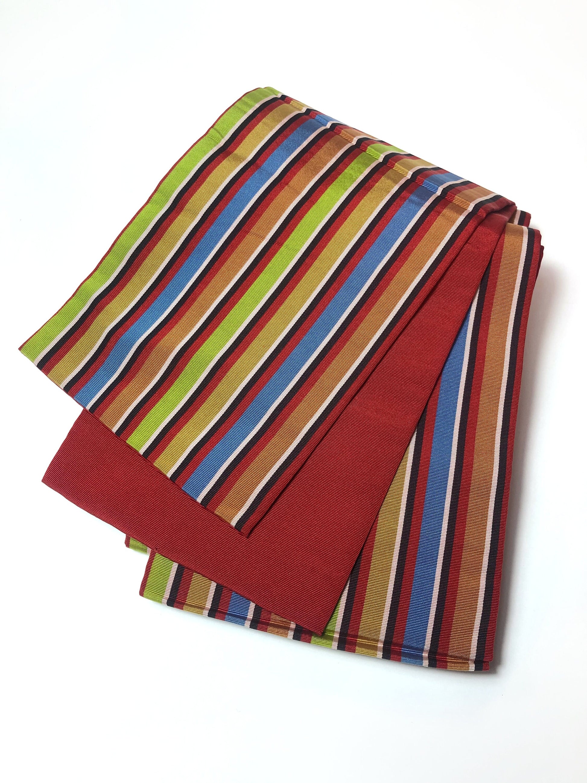 Simple Japanese silk hanhaba obi - deep red with colorful stripes