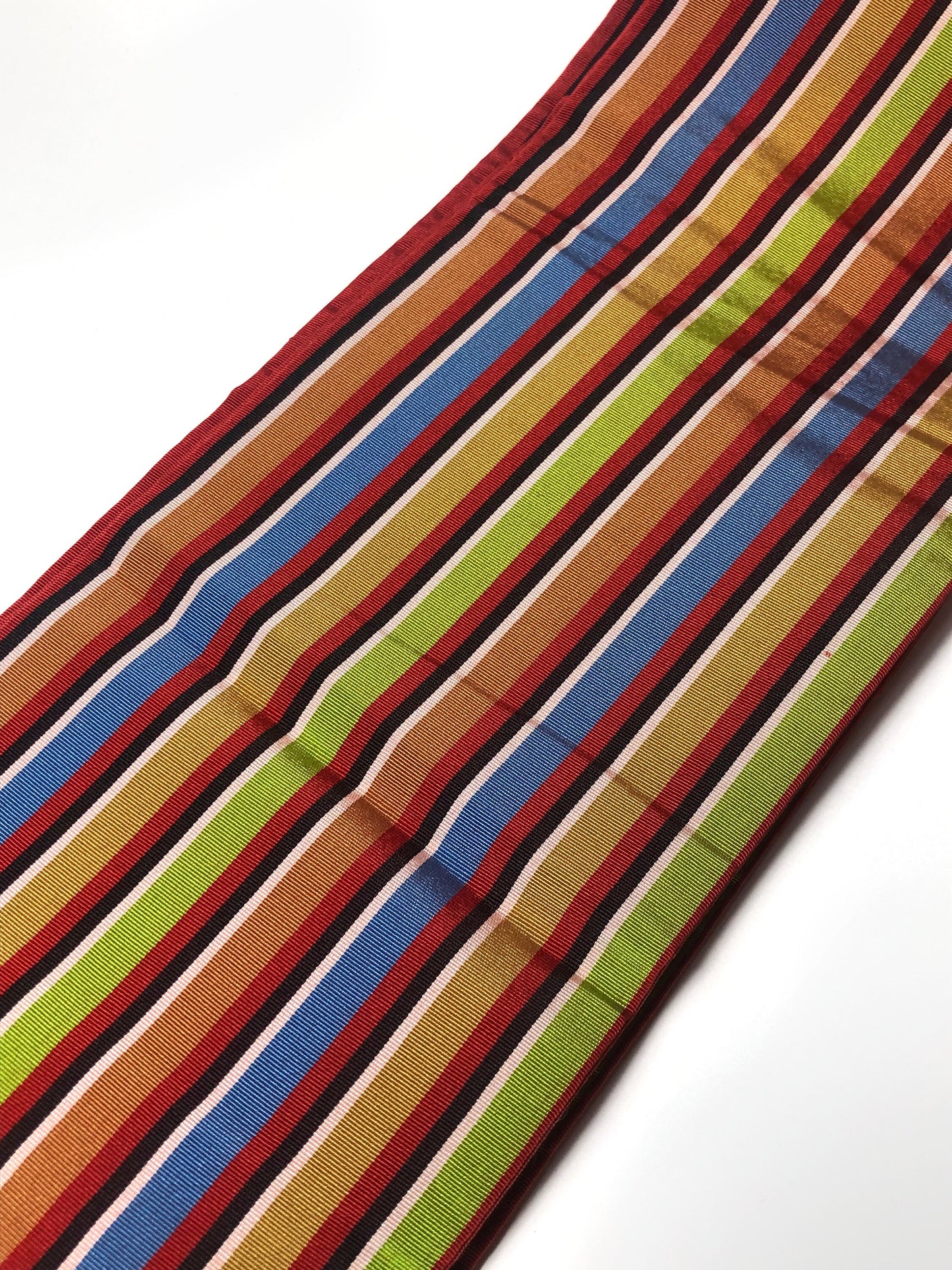 Simple Japanese silk hanhaba obi - deep red with colorful stripes