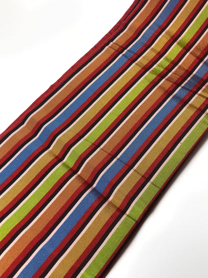 Simple Japanese silk hanhaba obi - deep red with colorful stripes