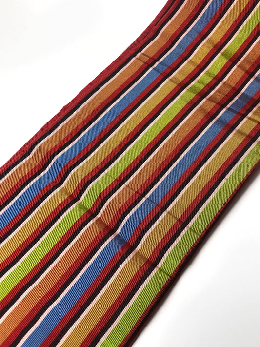 Simple Japanese silk hanhaba obi - deep red with colorful stripes