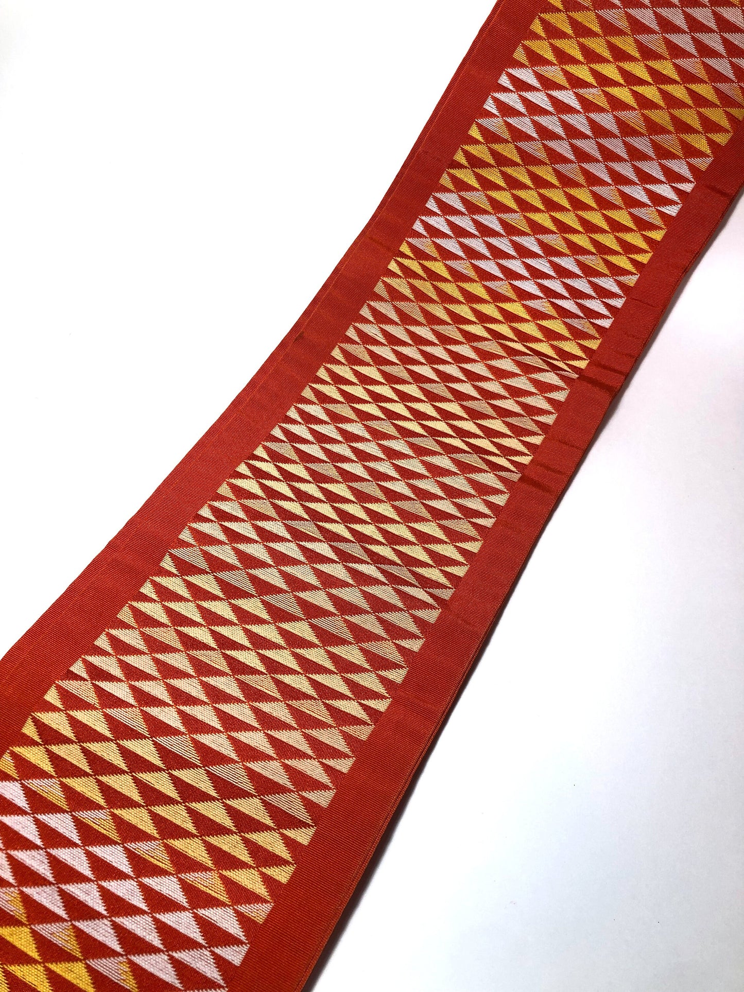 Bold Japanese hanhaba obi - vivid orange with white and yellow diamond pattern