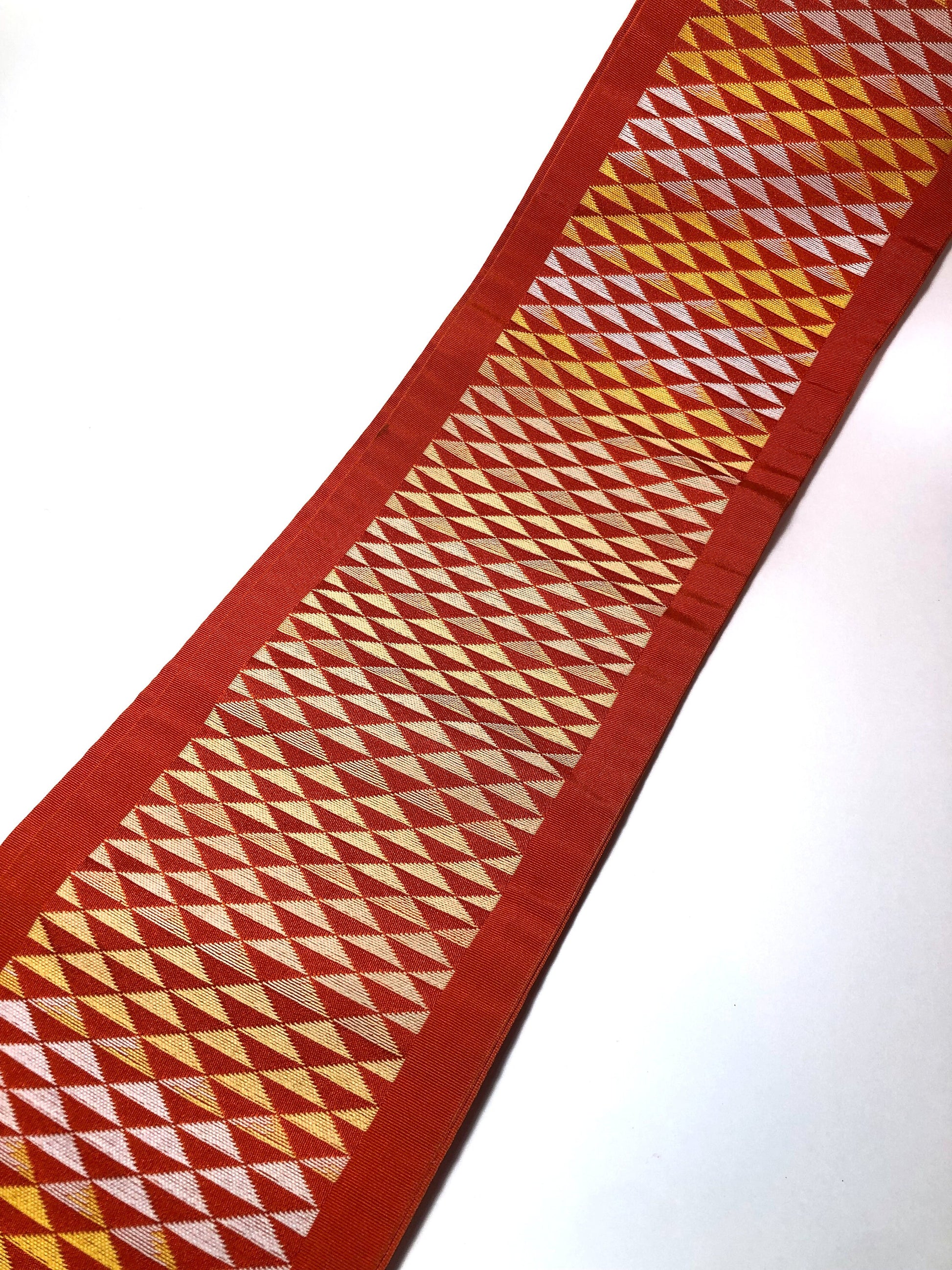 Bold Japanese hanhaba obi - vivid orange with white and yellow diamond pattern