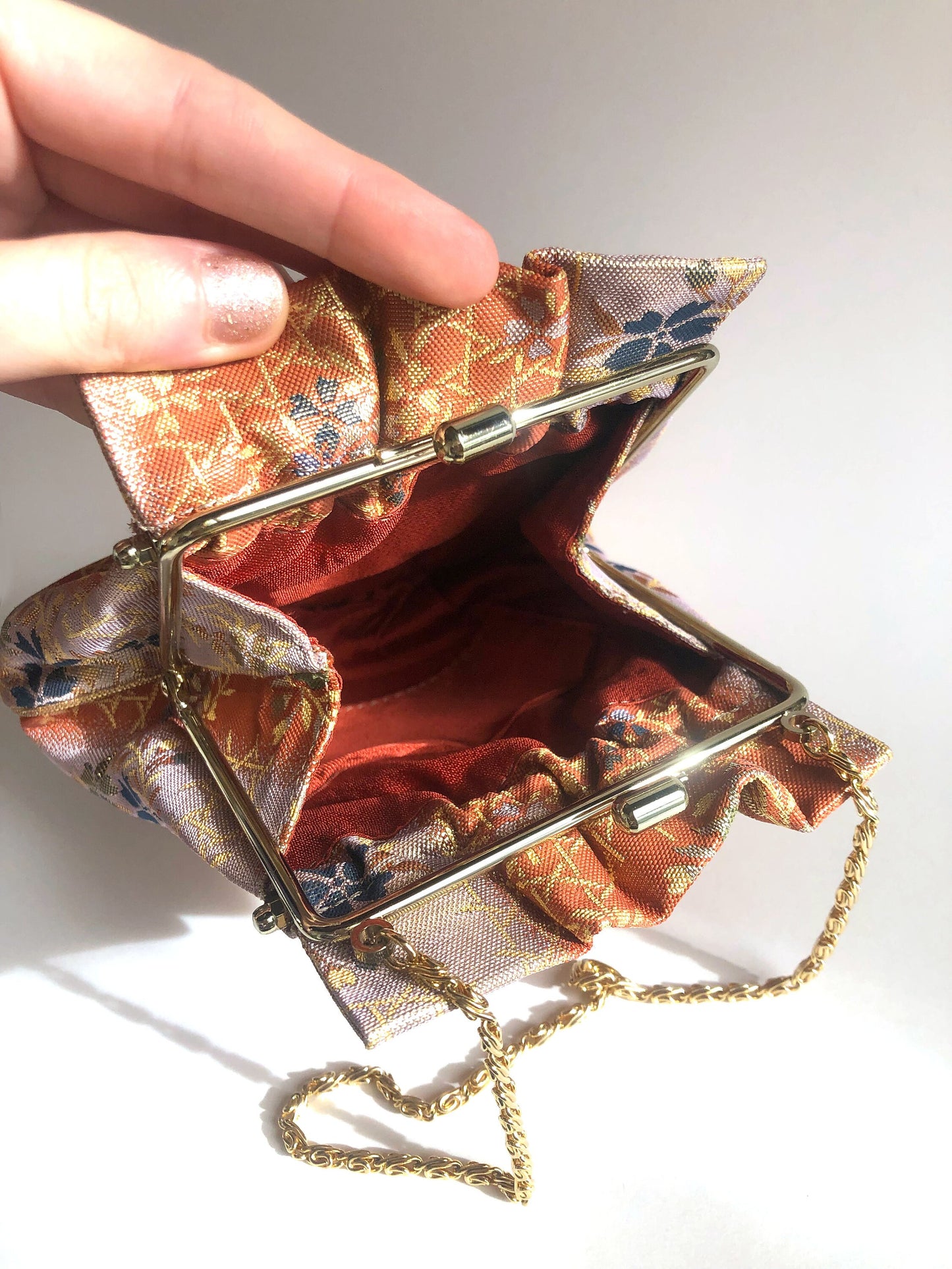 Vintage kimono handbag - orange and gold clasp pouch