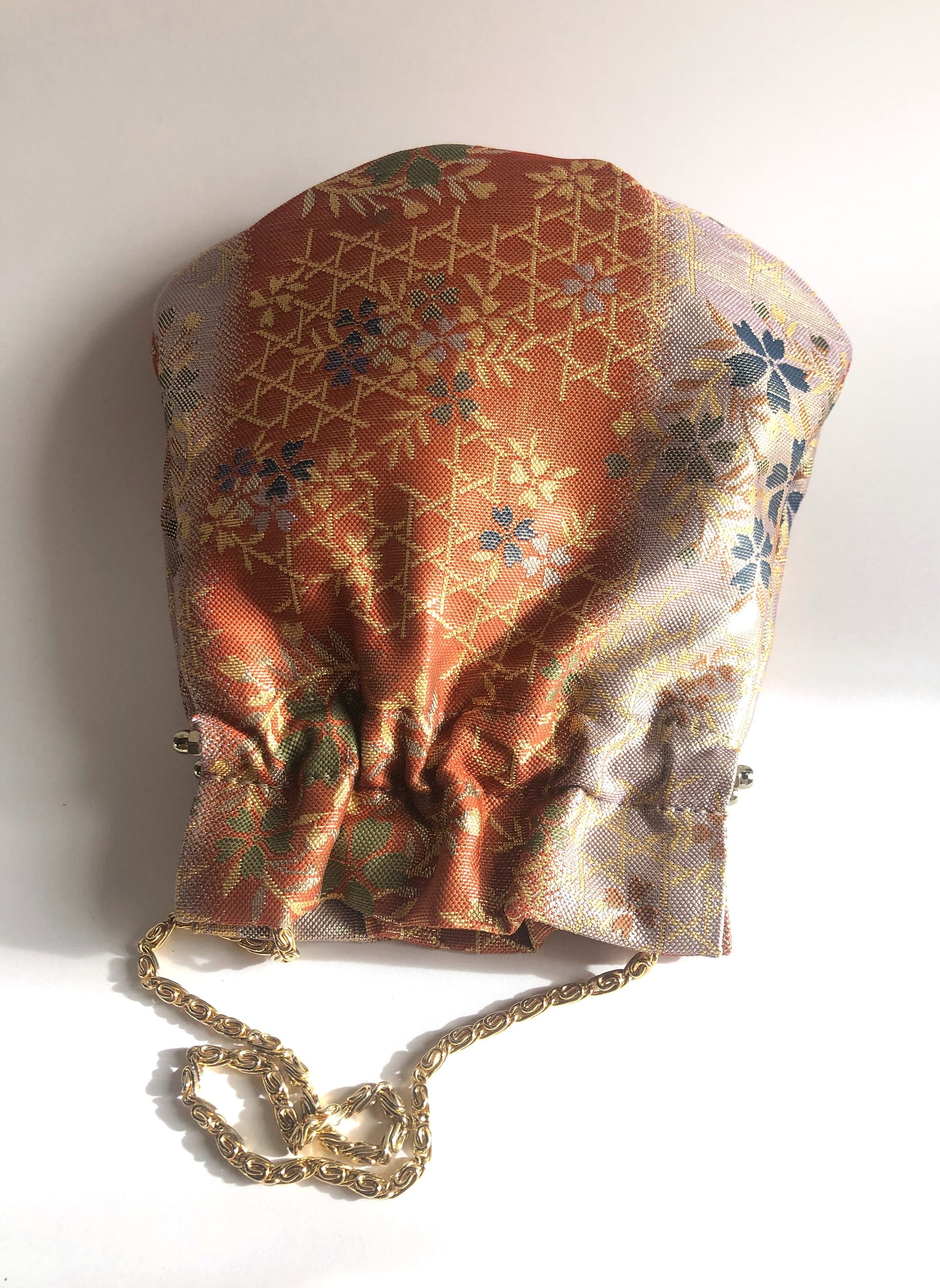 Vintage kimono handbag - orange and gold clasp pouch
