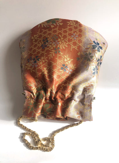 Vintage kimono handbag - orange and gold clasp pouch
