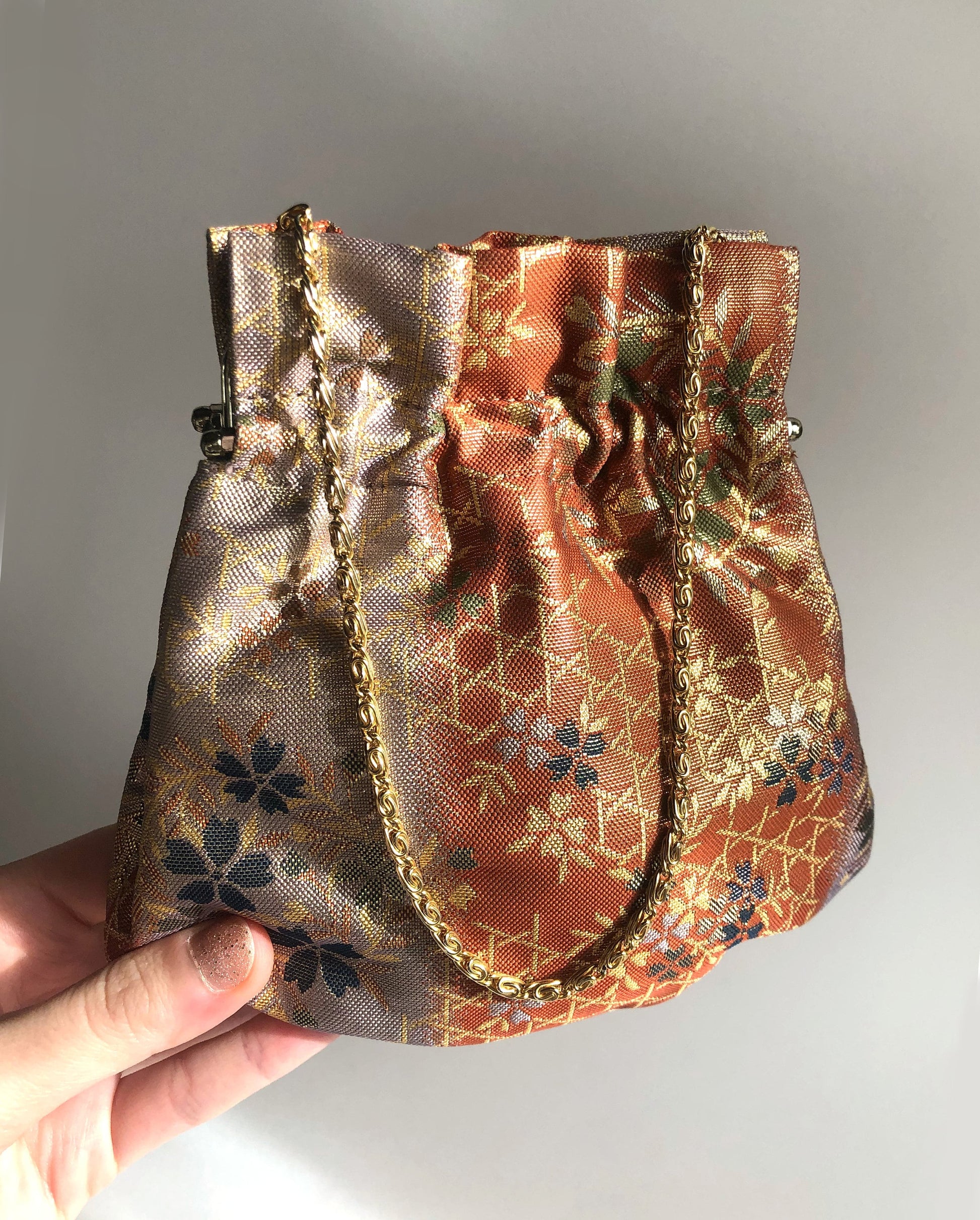 Vintage kimono handbag - orange and gold clasp pouch