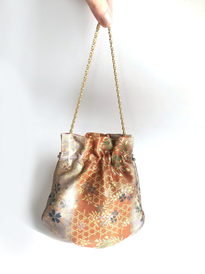 Vintage kimono handbag - orange and gold clasp pouch