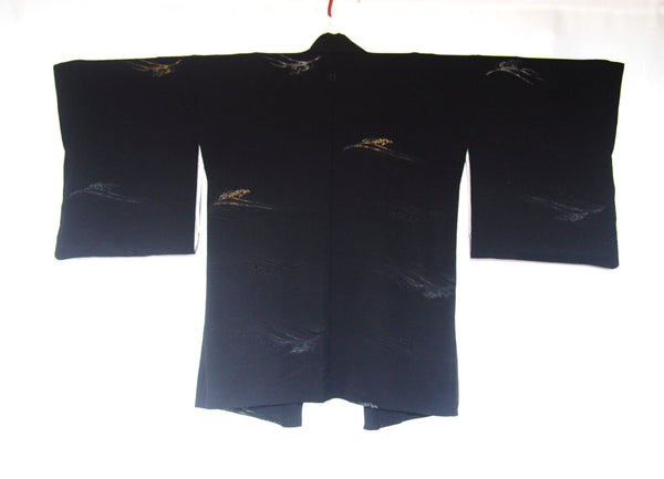 Elegant Japanese kimono coat - haori - black with golden waves pattern and family crest