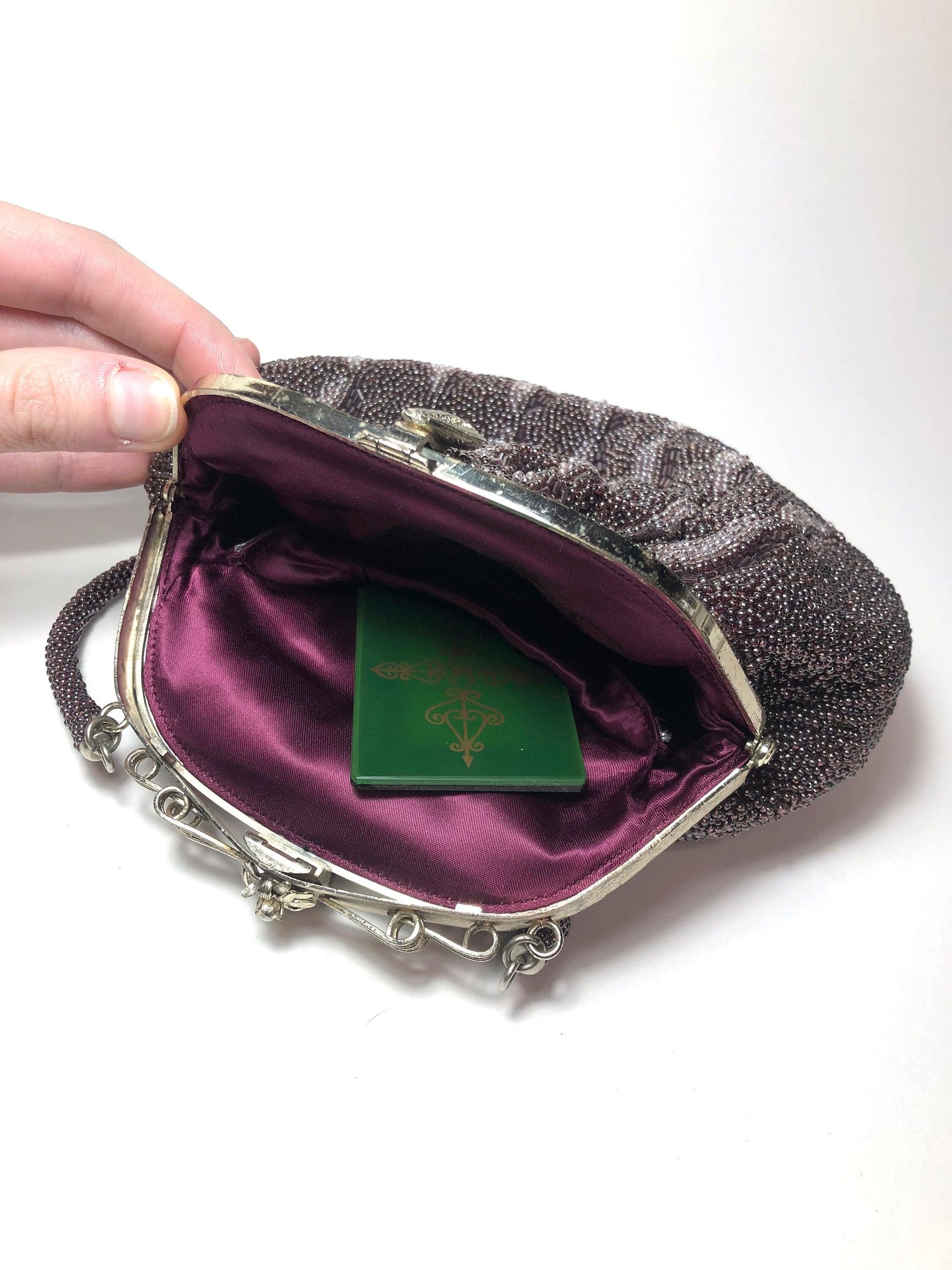 Vintage kimono handbag - beaded purple with geometric pattern