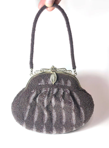 Vintage kimono handbag - beaded purple with geometric pattern