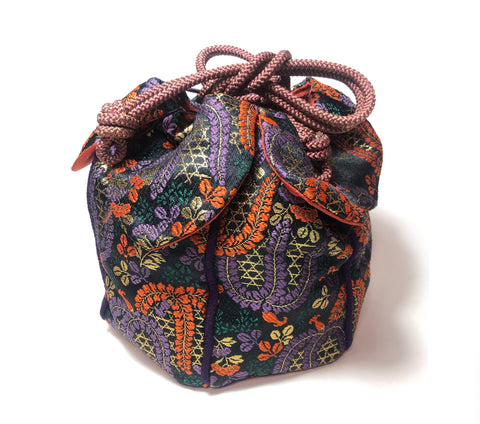 Vintage kimono drawstring handbag - black, purple, red, and golden flower