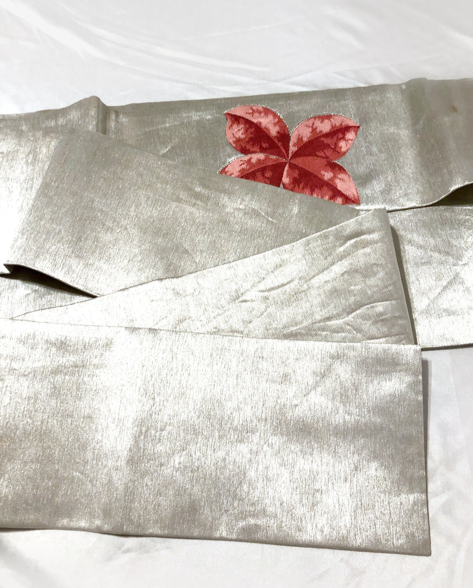 Elegant Nagoya obi - metallic silver with bright pink florals