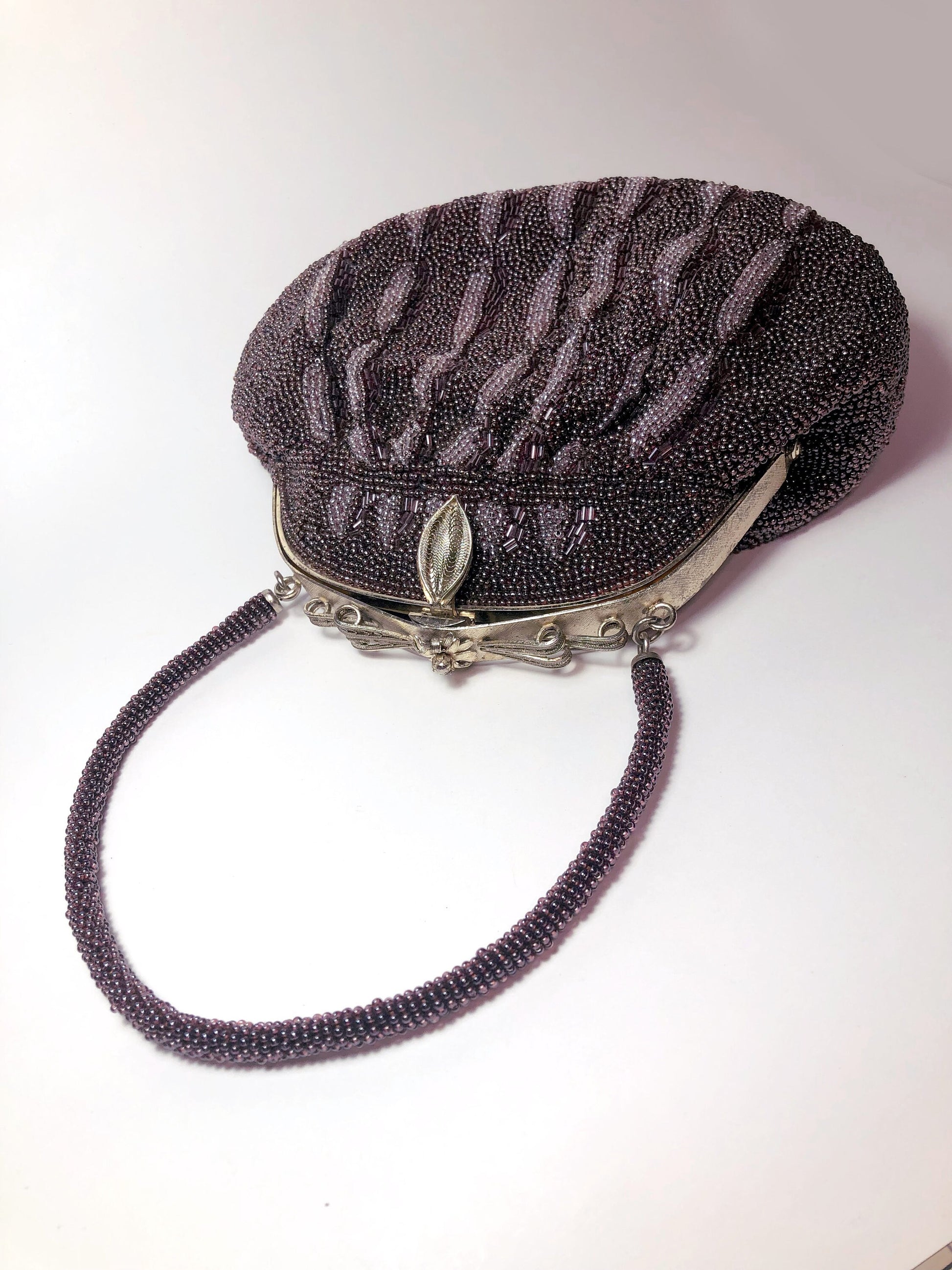 Vintage kimono handbag - beaded purple with geometric pattern