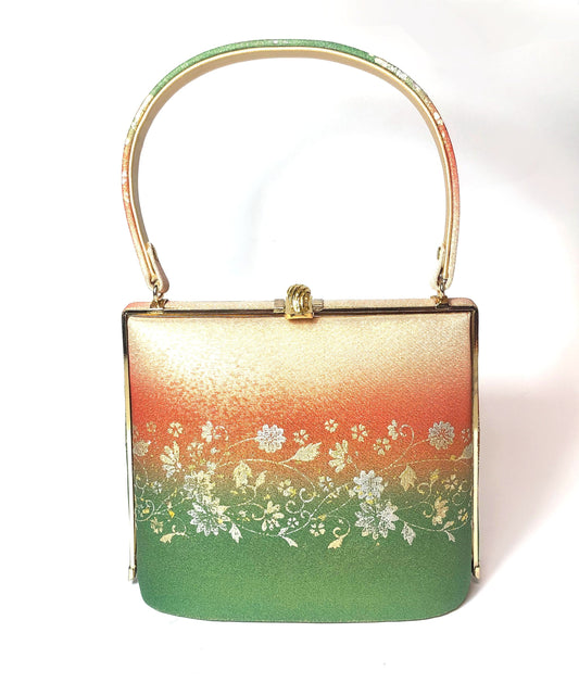 Vintage kimono handbag - orange and green gradient with floral motifs